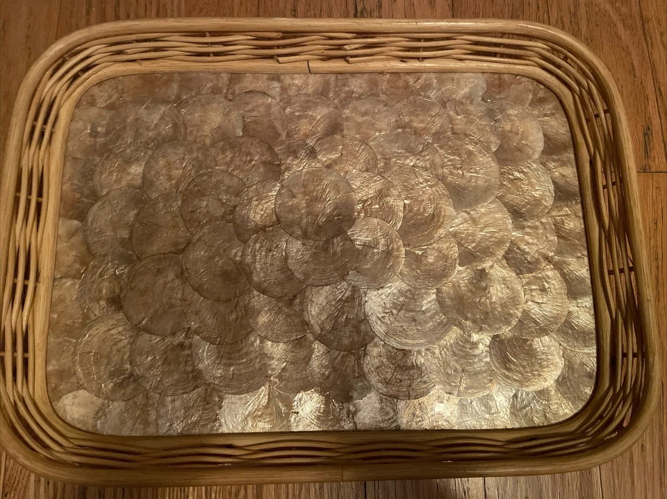 Capiz Shell, Woven Basket Serving Tray 16 X 12 - Image 2 of 4