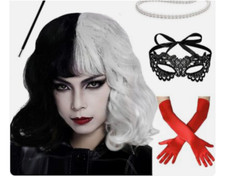 Cruella De Ville Fancy Dress Halloween Costume Wig Glove Cosplay Accessories Set
