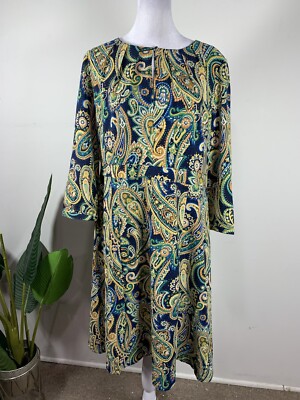 liz claiborne midi dresses Vintage Liz Claiborne Floral Shirt Dress Rayon Navy Blue High Waist Midi Maxi Button up Long Sleeve Size 10