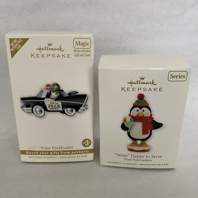 2 Hallmark POLAR PEEKBUSTER Motion Activated Noel Nutcrackers Ornaments PENGUINS