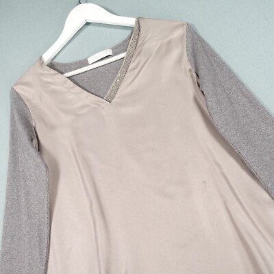 Fabiana Filippi Top Womens Extra Small 8 Grey Silk Two Tone V Neck Rhinestone