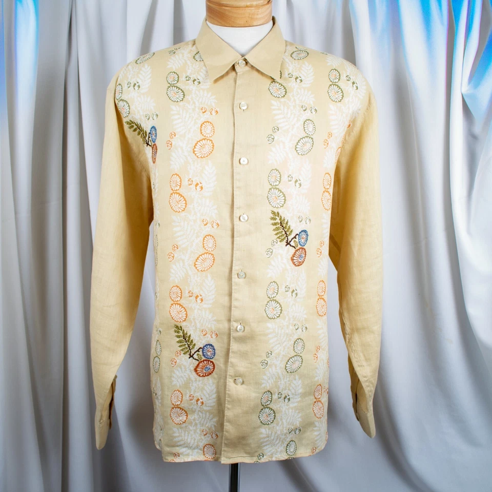 TOMMY BAHAMA Yellow Orange Multicolor Floral Embroider Linen Men Shirt Size XL - Image 3 of 4