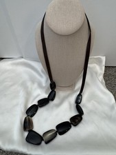 Long Black Brown Resin Bead Necklace Ribbon Tie Statement Necklace 40