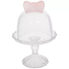 New 7.88" Tall Mini Pink Bow Glass Pedestal Cupcake Stand with Glass Dome