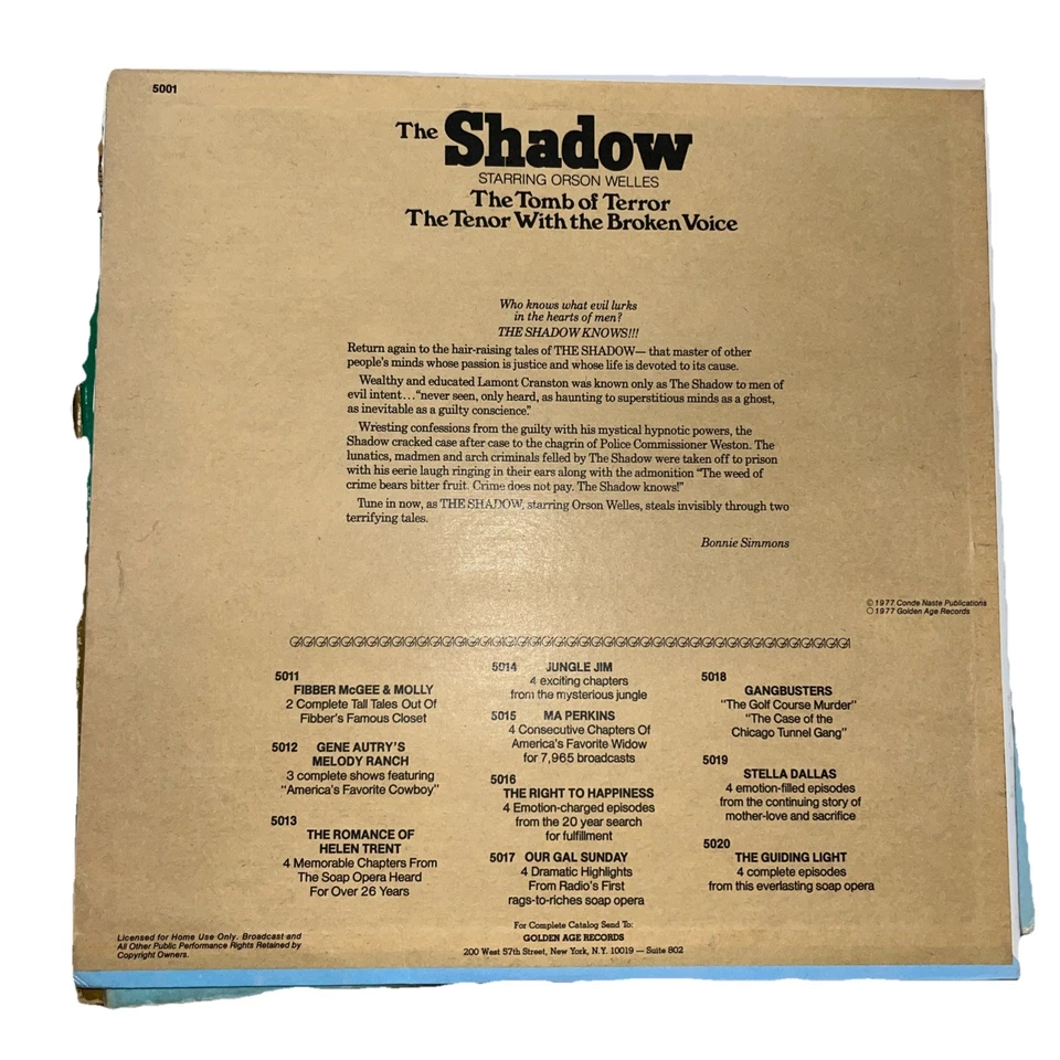 Orson Welles – The Shadow - 1977 - Golden Age Records GA-5001 Vinyl LP - Image 2 of 2