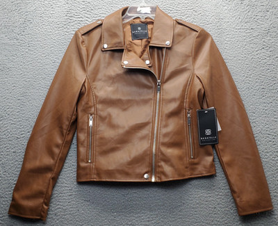 Bagatelle Faux Leather Moto Jacket Womens Small Brown Silver-Toned Notch Collar