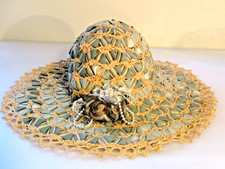 VTG 1950s Ladies Green Ribbon Straw Woven Wide Brim Hat With Flower Pearl