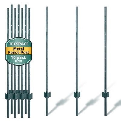 TECSPACE 10 PCS Metal Fence Posts, 5 FT Heavy Duty U-Post for Garden, Farm, Lawn
