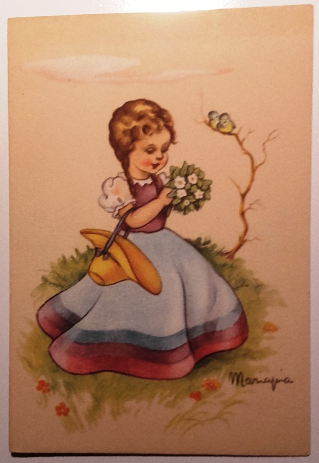 VARIE ILLUSTRATORI MARIA PIA BAMBINA CON MAZZOLINO DI FIORI Formato grande