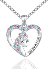 Magical Unicorn Jewelry for Girls - Crystal Love Heart Pendant Necklace