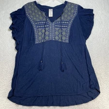 Terra Sky Blouse Womens Sz 1X Navy Blue Sleeveless Top Crochet Yoke Tassels
