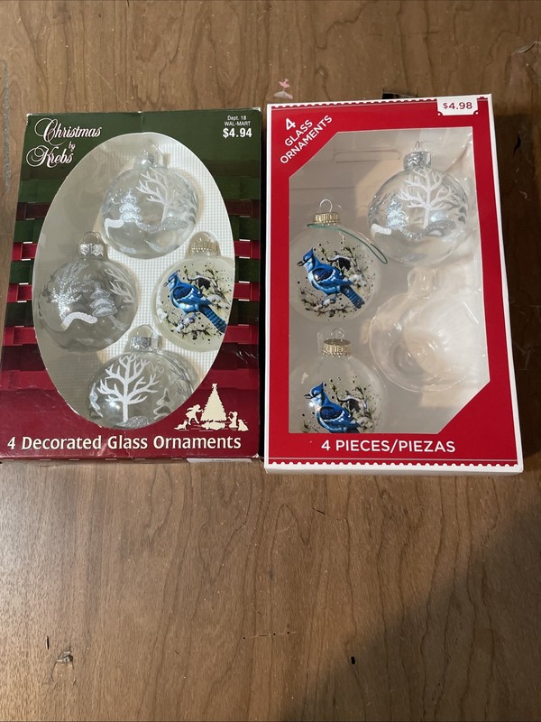 2 Boxes Christmas Ornaments Blue Jays & Trees 7 Ornaments