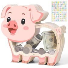Wooden Piggy Bank for Kids, Pig Money Bank for Boys Girls Large Standing Pig