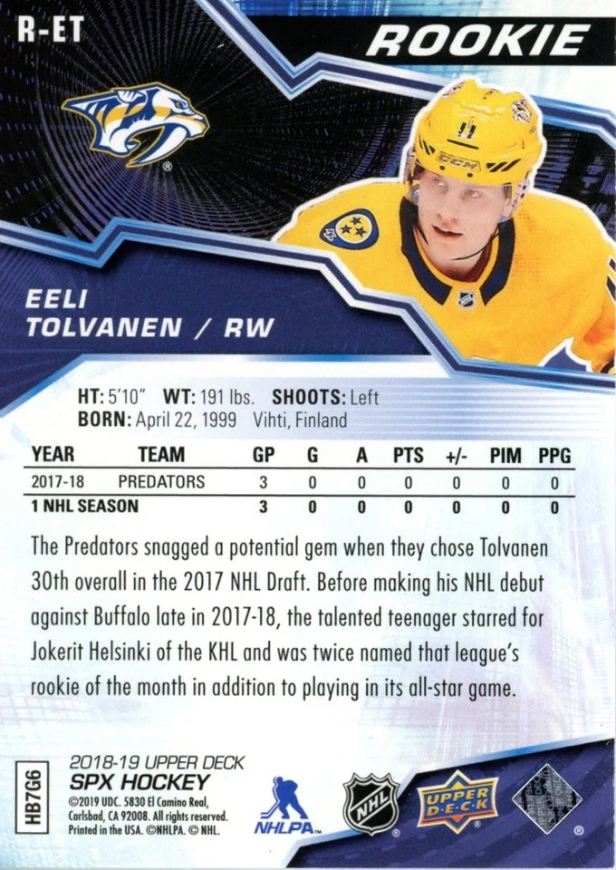 2018-19 SPx #R-ET Eeli Tolvanen Rookies #/349 - Image 2 of 2