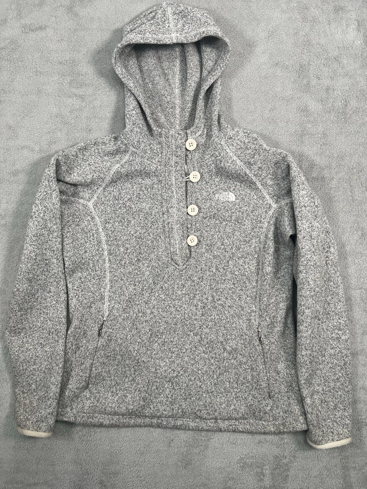 The North Face Womens L Gray Fleece Crescent Sunshine 1/2 Button Hoodie Logo