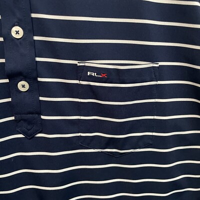 RLX Ralph Lauren Polo Shirt Mens XL Navy Blue Striped Short Sleeve
