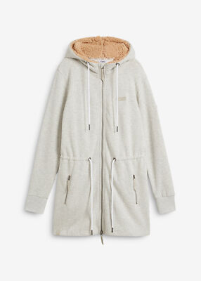 Damen Long-Sweatjacke mit Teddyfutter in der Kapuze Gr. 44/46 Hellgrau Neu*