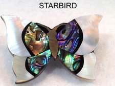 MOTHER OF PEARL, ABALONE INLAY BUTTERFLY SEASHELL BARRETTE 80's VINTAGE