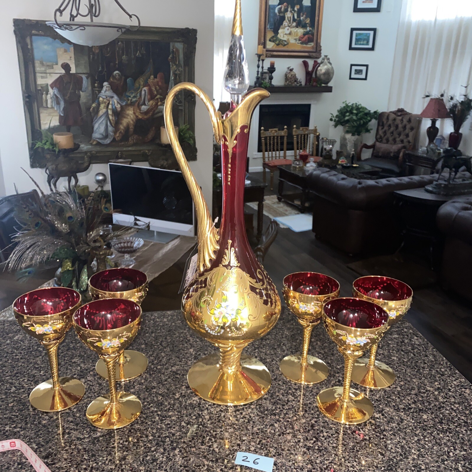 ITALIAN MURANO GLASS Decanter Set With Six 24 Gold Leaf Red Wine