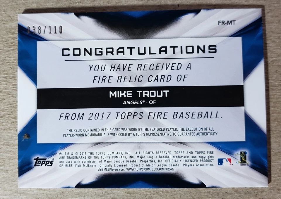 2017 Topps Fire Mike Trout Jersey Relic Card /110 Los Angeles Angels - Image 2 of 2