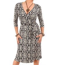 New Printed Wrap Dress - Black or Wine - Knee Length
