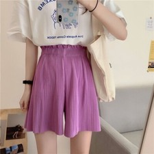 Damen Plissiert Weites Bein Shorts Chiffon Kunstseide Gummibund Hose Gummibund