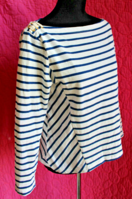 ELLISON Blue White Striped Nautical Boat Neck Top Cotton Knit L Shoulder Lacing