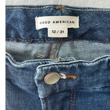 Good American Distressed High Rise Straight Leg Jeans Size 12 31 Medium Wash