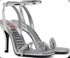 Diesel Silver Strappy Chain Ankle Strap Stiletto Square Toe Women's Heels