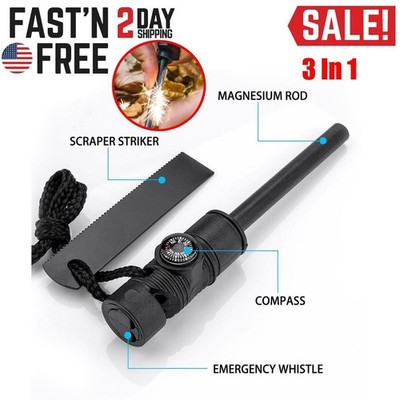 Fire Starter Kit Striker Magnesium Ferro Rod Compass Whistle Bugout Bag Survive