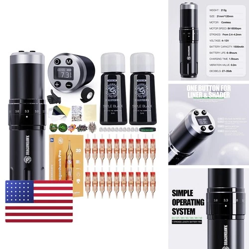Dragonhawk Wireless Tattoo Gun Kit 7 Strokes 2.4-4.2mm 2 Batteries 20 Needles - product listing photo