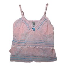 Pink Mesh Cami Top Medium Blue Embroidery Sheer Lace Trim Y2K Coquette Fairy