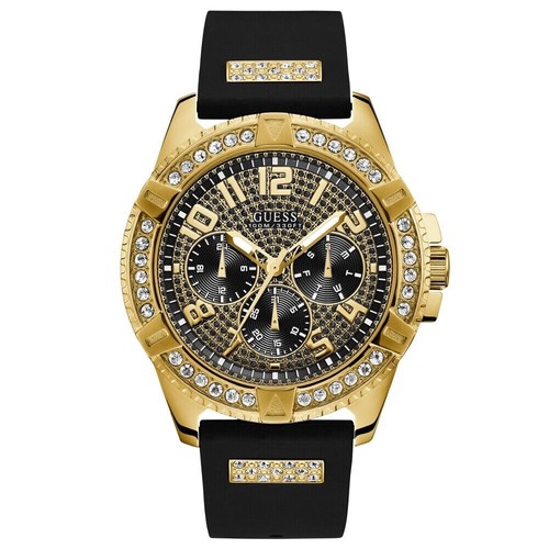 Guess Frontier Gold Schwarz & Kristall Chronograph Silikon Herrenuhr W1132G1