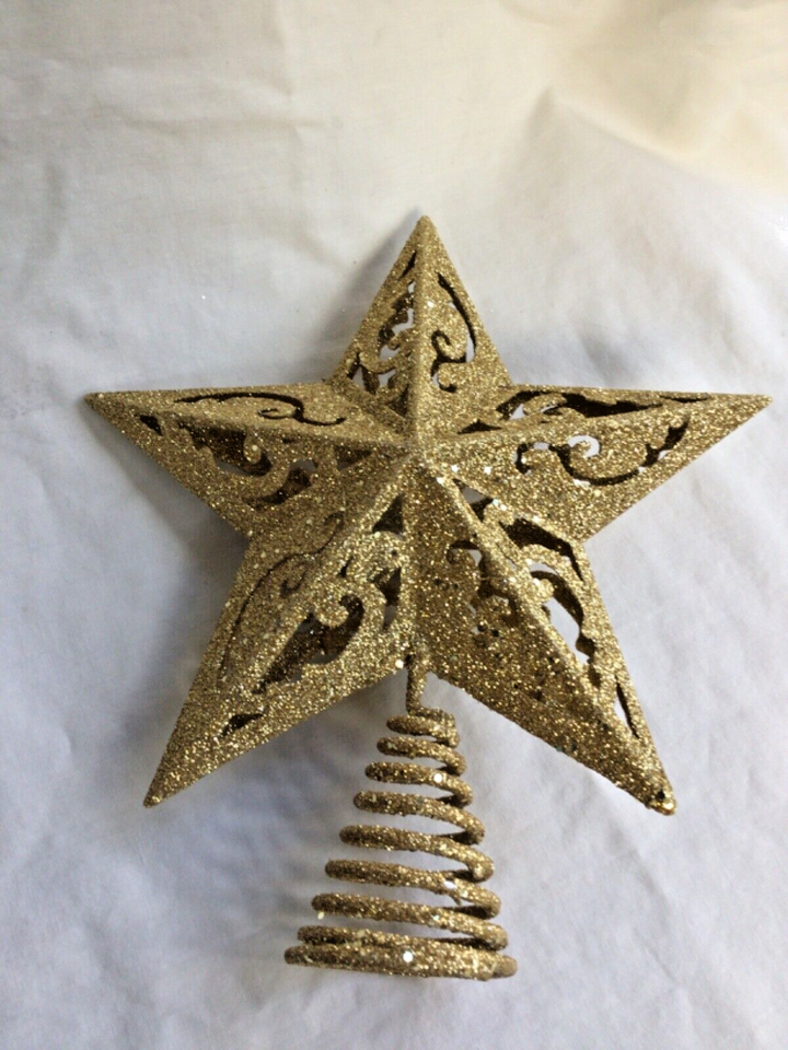 Christmas Tree Skirt 34” blue w snowflakes+ 10”tree topper lovely gold