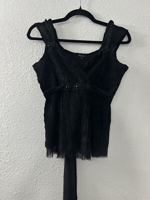 Komarov Tank Womens Babydoll Sz S Black Crinkle V Neck Y2k Bead WhimsiGoth Witch