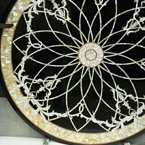 36" Round Black Marble End Coffee Table with Storage Mosaic Inlay Art Home Decor - Image 3 of 4