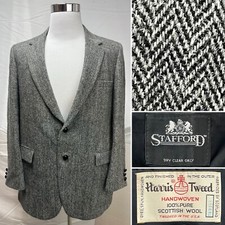 Harris Tweed Stafford Scottish Wool Gray White Herringbone 44 Blazer Jacket Coat