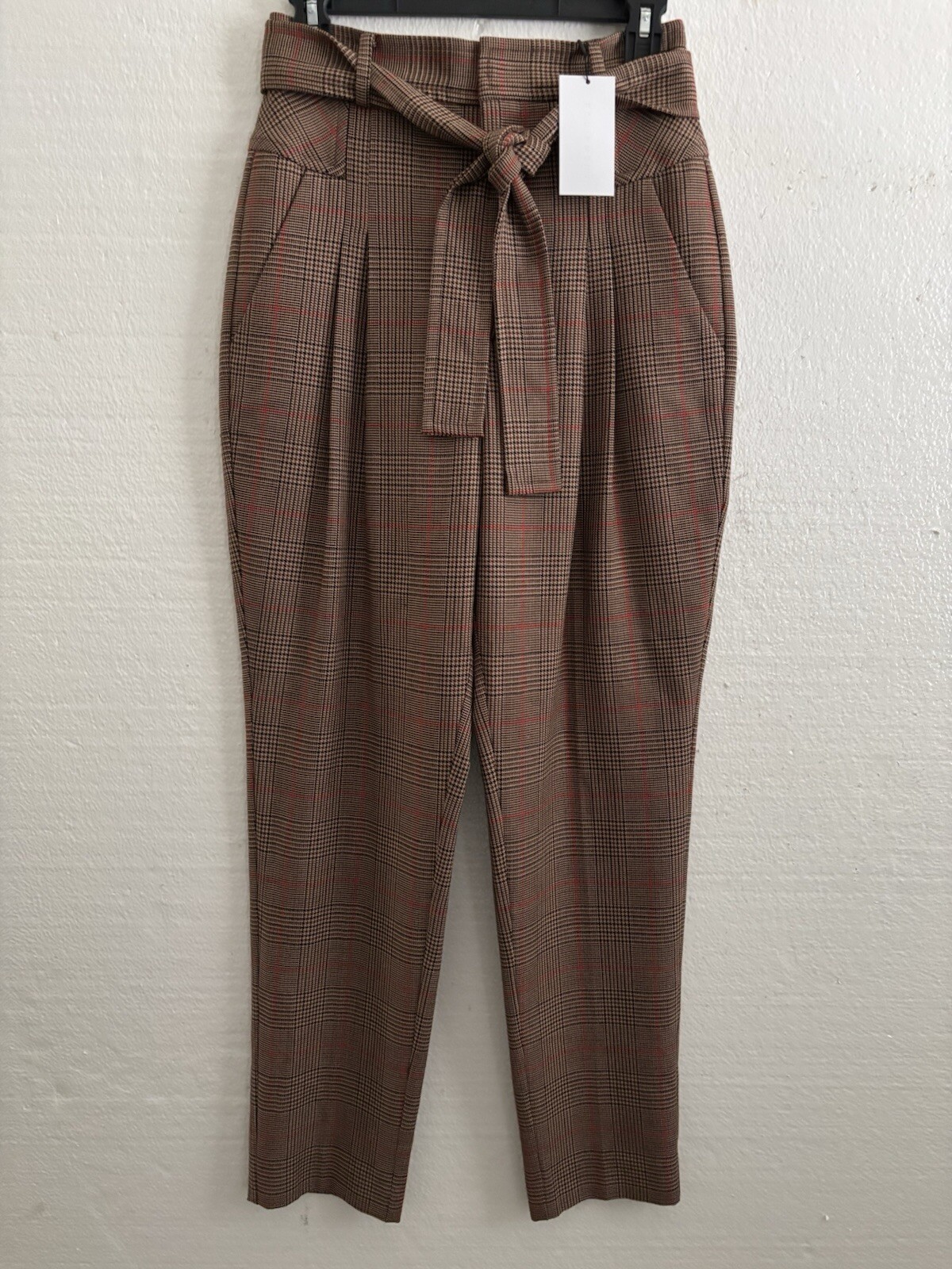 NWT $395 Equipment Saree Plaid Wool Hi Waisted Trousers Belted Tapered Sz 4