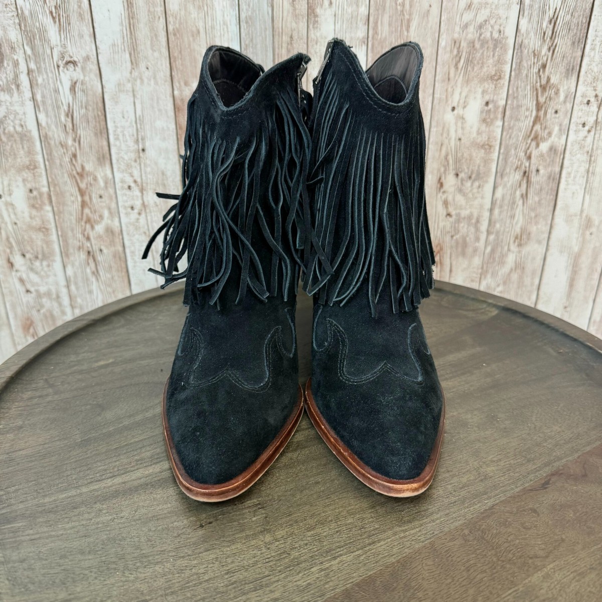 Sam Edelman Benjie Side Zip Block Heel Fringe Booties Suede Ankle Black