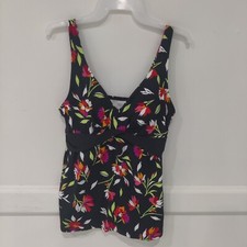 Lands' End Women's Modest V-Neck Faux Belted Tankini Swim Top Size 8 4B046