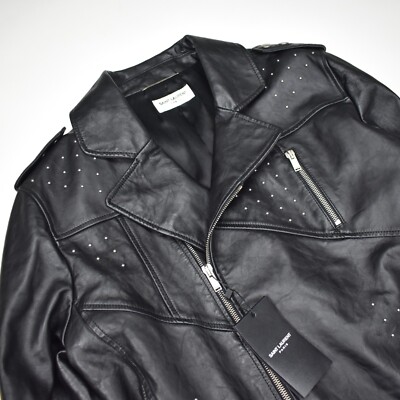 NWT $5390 Saint Laurent Black Studded Calf Leather Biker Jacket 48