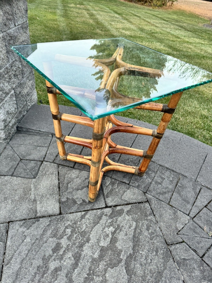 Mid-Century Bamboo Leather with Heavy Beveled Glass Top Side Mid-Century Bamboo Leather with Heavy Beveled Glass Top Side
