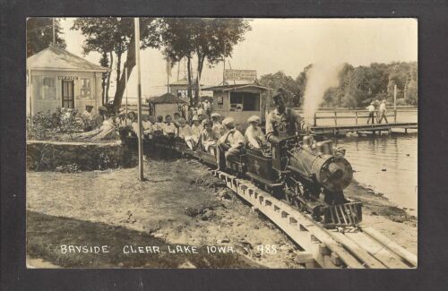 Clear Lake Iowa IA 1930 RPPC WOW Bayside MINI STEAM TRAIN, Engineer, Kids Riding