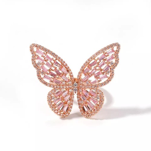 ZARD Large Butterfly Pink Cubic Zirconia Adjustable Ring In Gold Tone - 第 1/11 張圖片