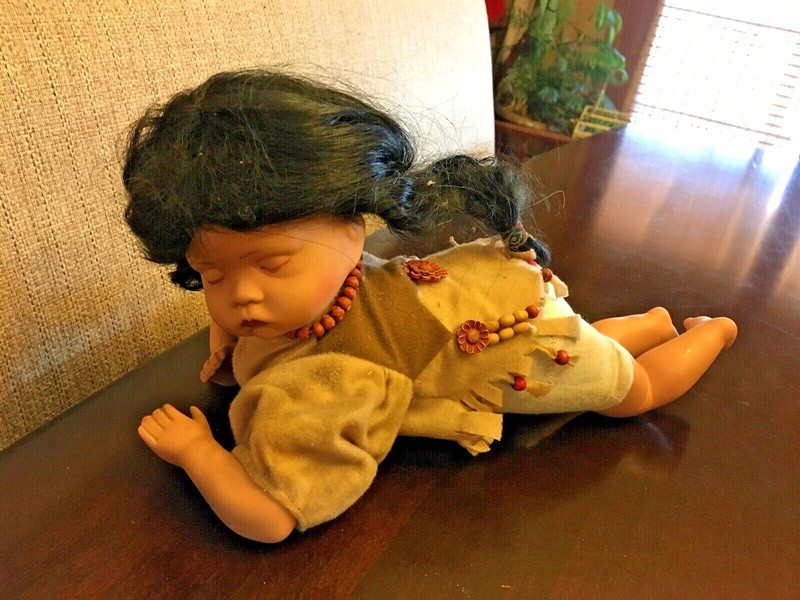 Native American Sleeping Doll 13" Porcelain Swan Collection Vtg Braided Hair