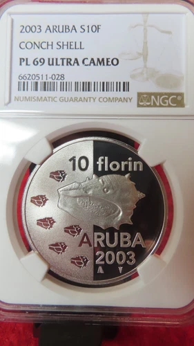 Aruba Netherlan 2003 Conch Shell Sea Shells 10 Florin Silver Coin NGC PF69 Proof