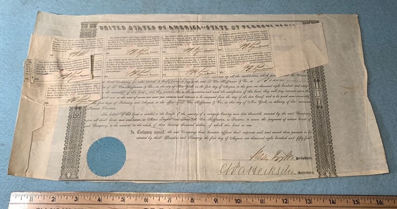 1854 THE UNION IRON AND COAL COMPANY $1000 BOND Signed MOSES TAYLOR