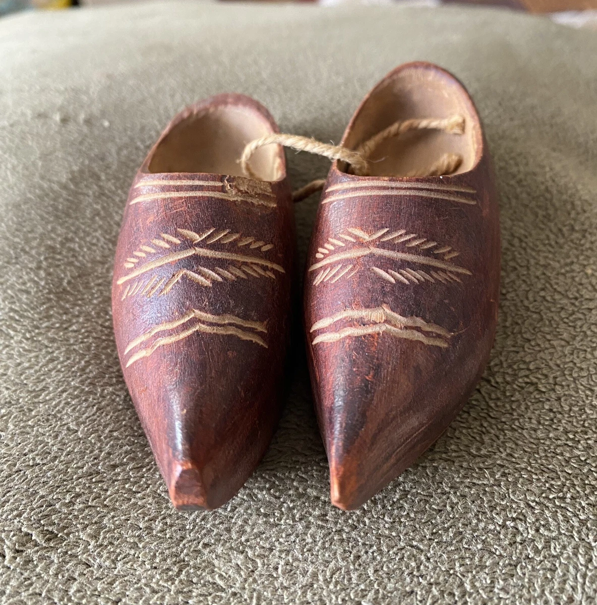 Vintage Pr. Miniature wooden shoes handcarved. original rope tie. France
