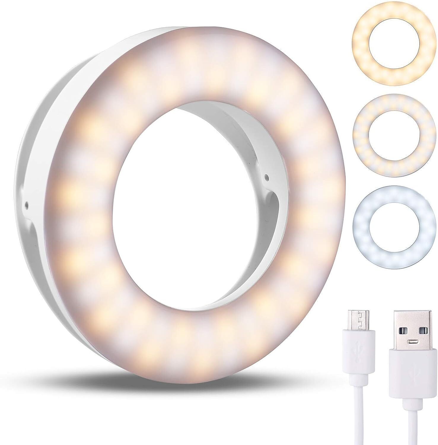 Clip On Selfie Ring Light Rechargeable 3 Light Modes with 60 LED 4 Level Mini