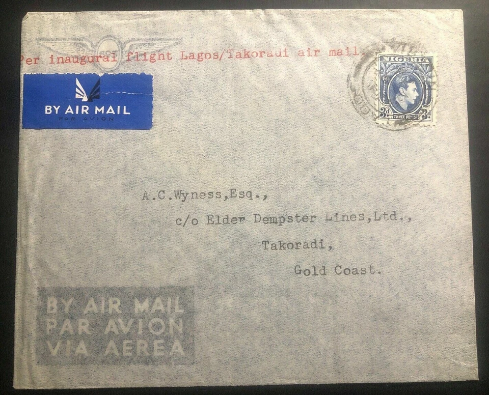 1939 Lagos Nigeria Primer Vuelo Correo Aéreo Cubierta FFC a Takoradi Gold Coast Foto 2 de 3